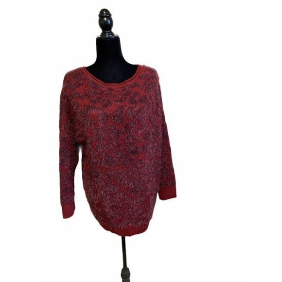 14th & Union Burgundy Fuzzy Knit Pullover Sweater L Petite Long Sleeves - Picture 1 of 5